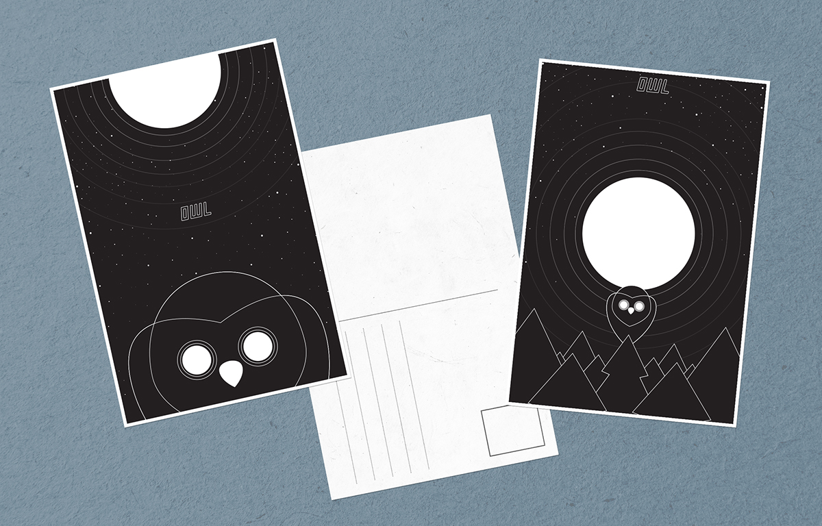 postcard set owl moon forest trees stars adobe Illustrator vector lines black White blackandwhite night