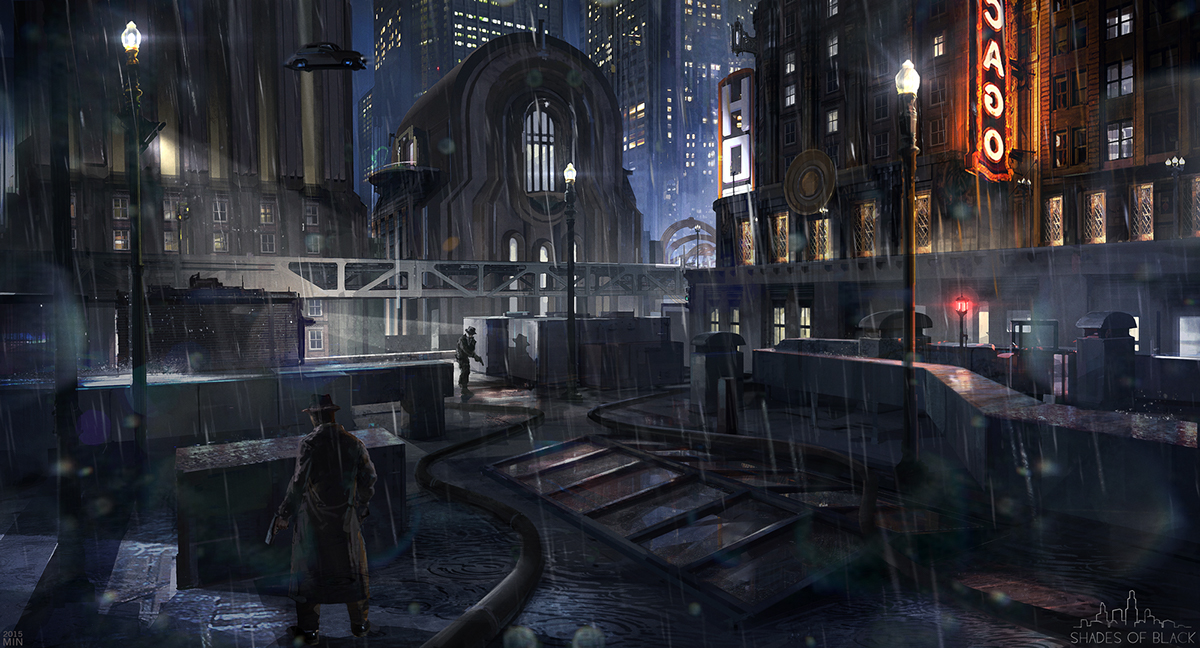 Shades of Black environment min nguen concept art illustrationblade runner dark city city noir futuristic Game Art roof detective night light