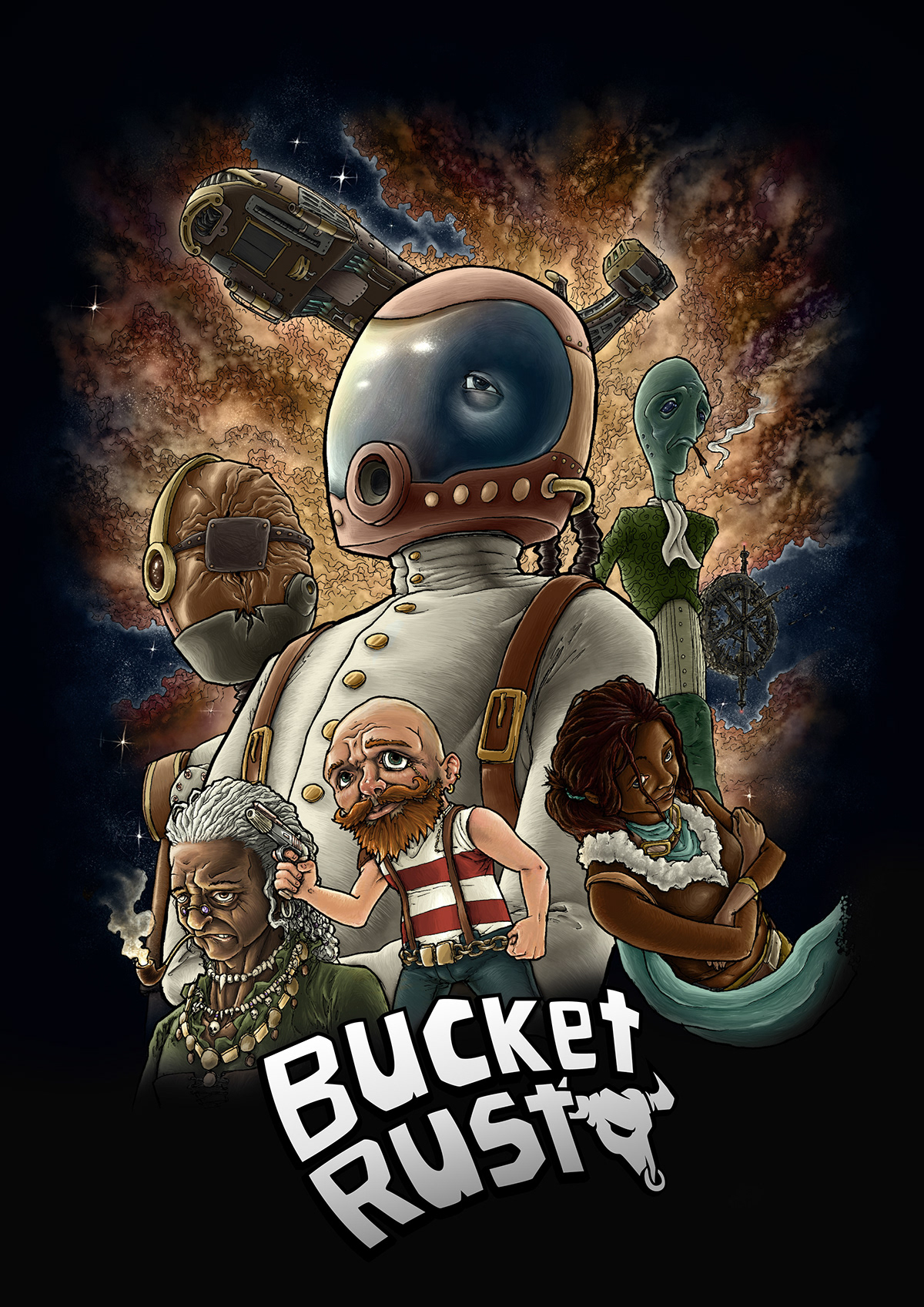 Webcomic bucket rust sci-fi spaceship nebulae space staion robot pirate