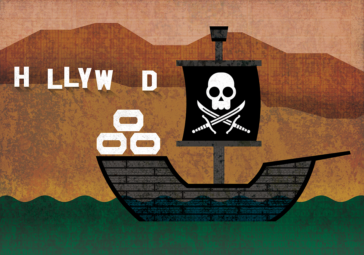 Editorial Illustration conceptual hollywood piracy the pirate bay Bit Torrent digital downloads Netflix pirate ship copyright infringement