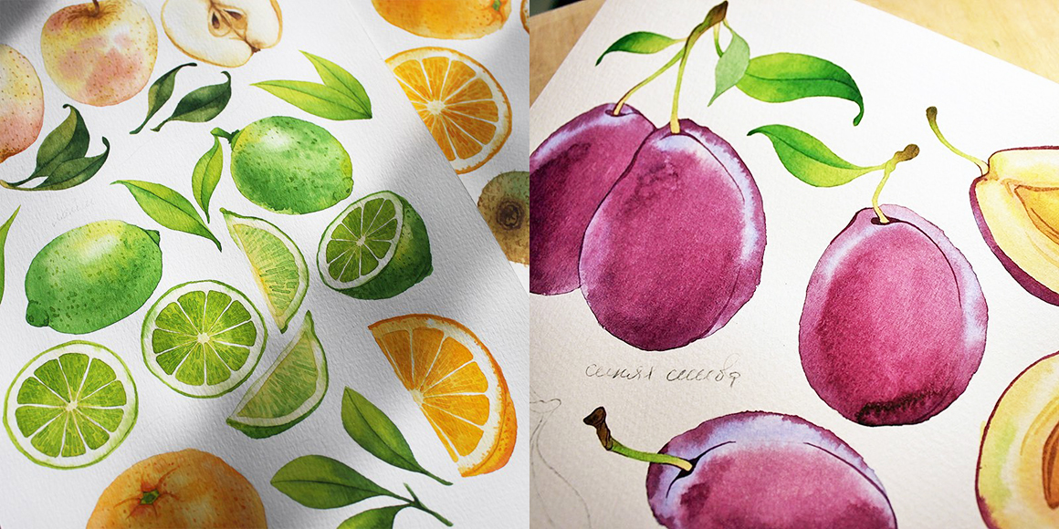 watercolor Fruit pattern apple cherry berry watermelon Pear Plum peach lime orange Mango lemon citrus