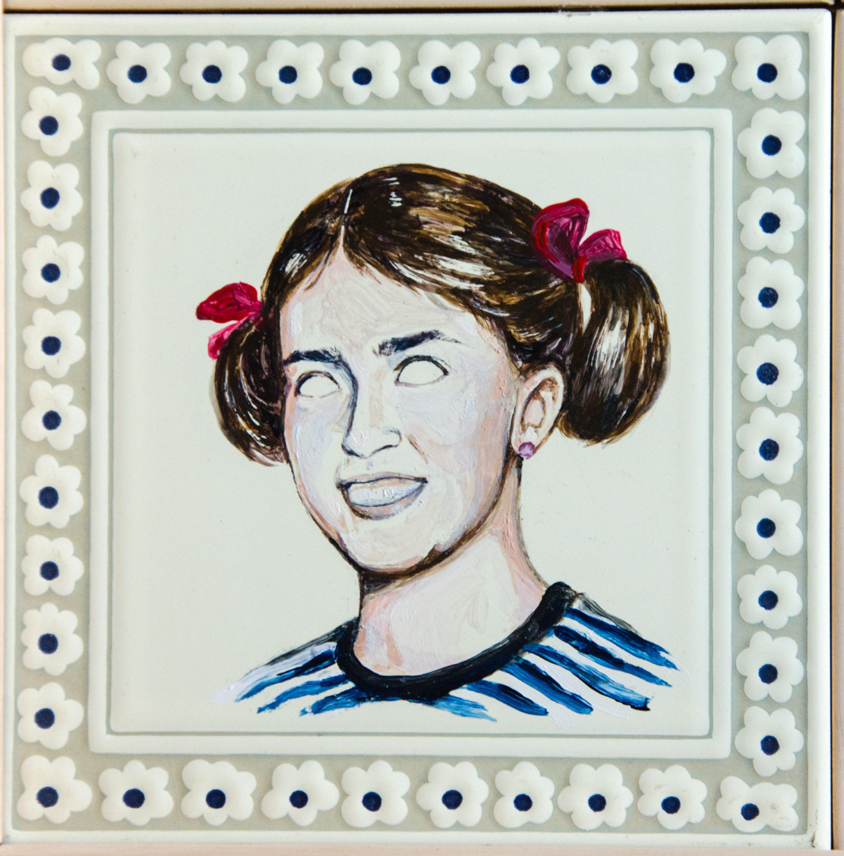 tiles pattern stamp faces children portraits eyes vintage Retro demolition ceramics  Water soluble  acrylic oil