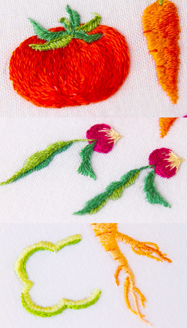 Food  Fruit vegetables fish meat Sushi pastries Embroidery Needlework thread cotton fabric tactile textile texture