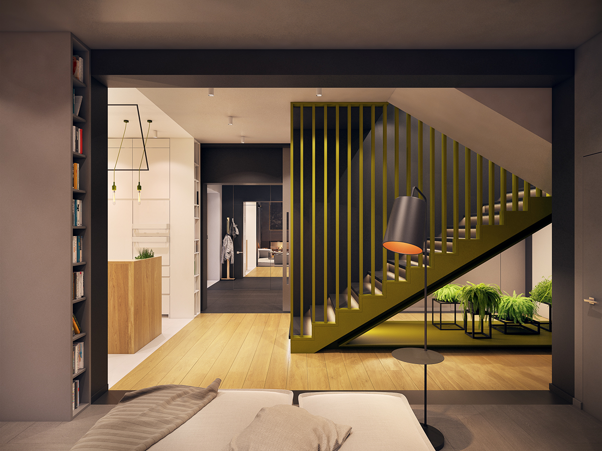 grey black house Interior design wood green color shape stair