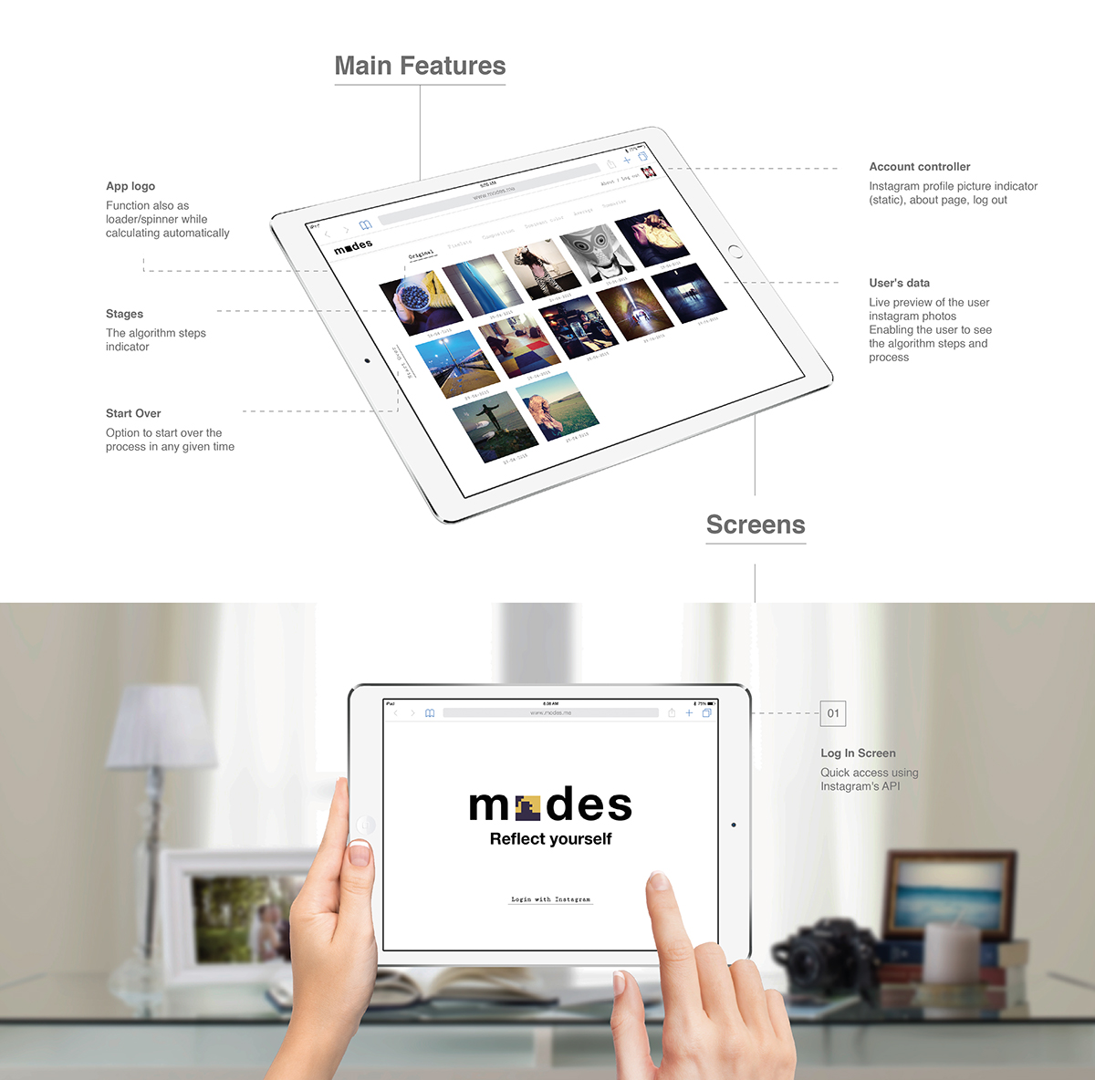 Adobe Portfolio final project ux UI wizo MODES instagram social media app iPad idea dominant color