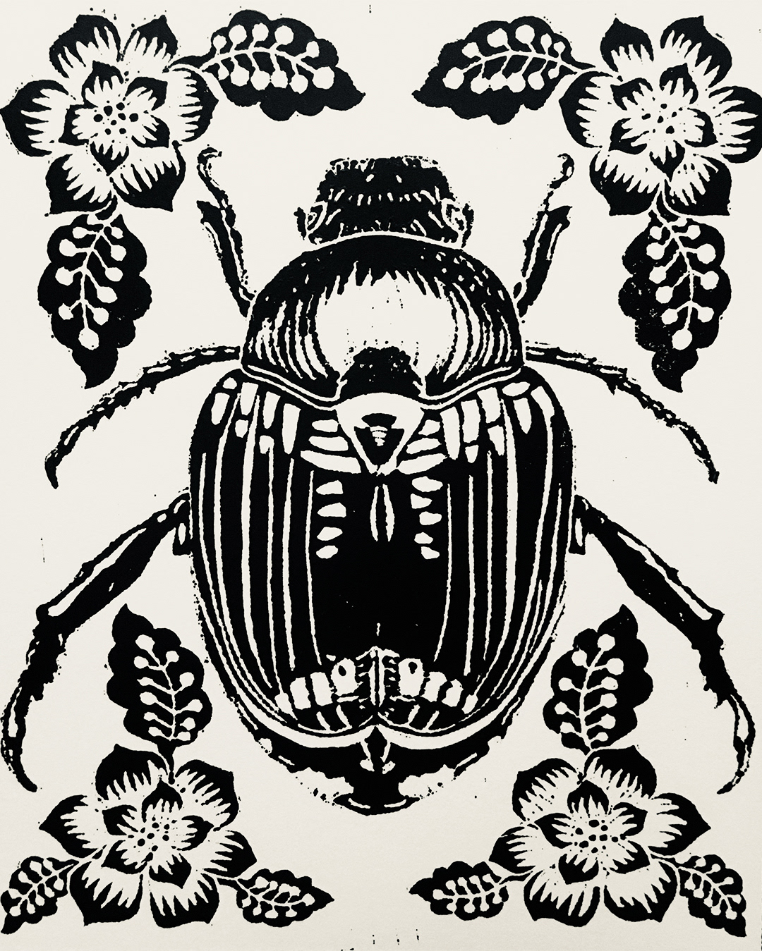 beetle insect bug linocut linoleum block print printmaking relief print ink paper