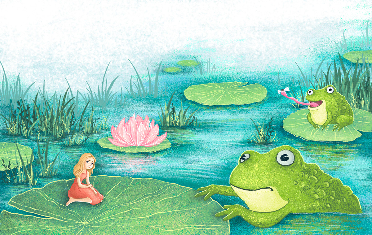 children's book children illustration Thumbelina girl frog Flowers fairy swallow children