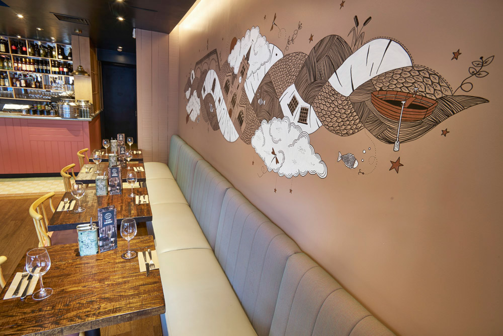 Mural wall wall art design paint Interior restaurant lettering detail abstract copper floral chiswick London quote