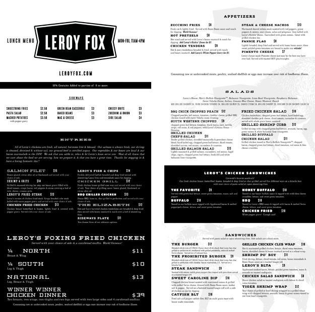 leroy FOX Charlotte nc north carolina restaurant fried chicken southern south poster menu adverts Events