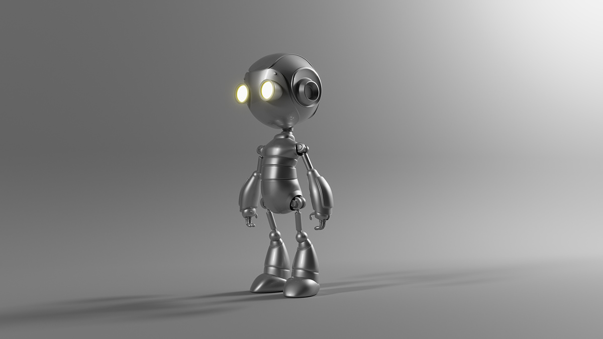 This 3D model represents a robot character with a minimalist and clean design. 