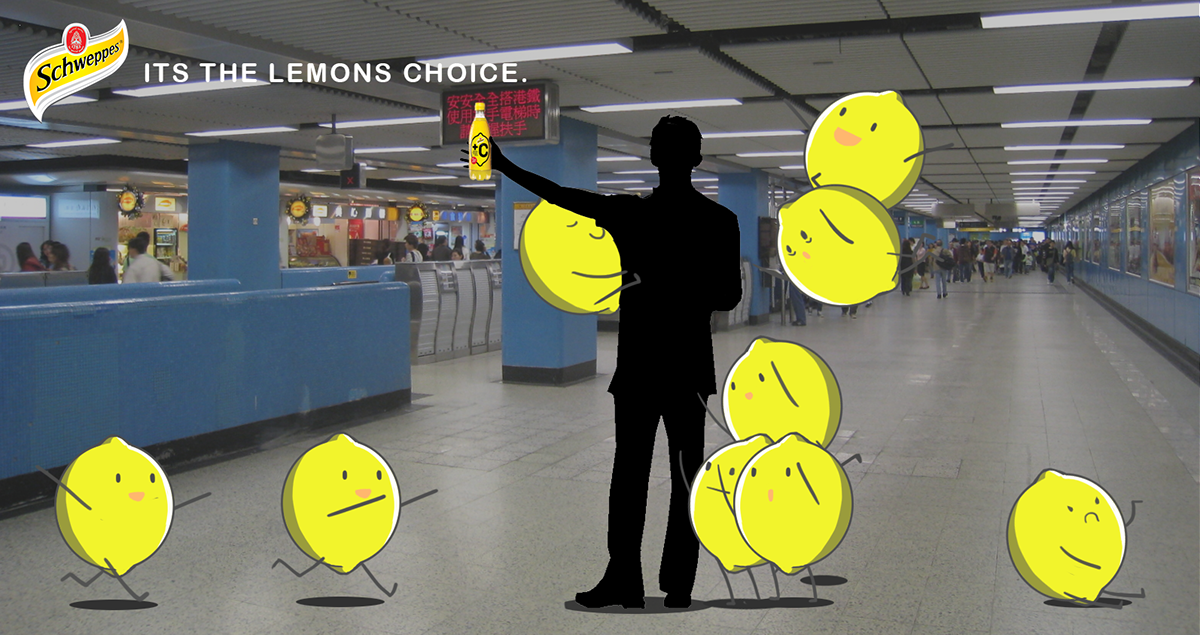 lemon schweppes +C Rebrand soda drink yellow lemonade characters Outdoor billboard print MTR train STATION