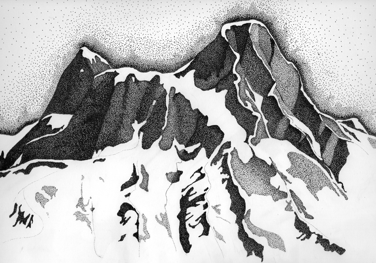 Pointillism pen and ink black and white Landscape 3d render tonal value experiment mountains