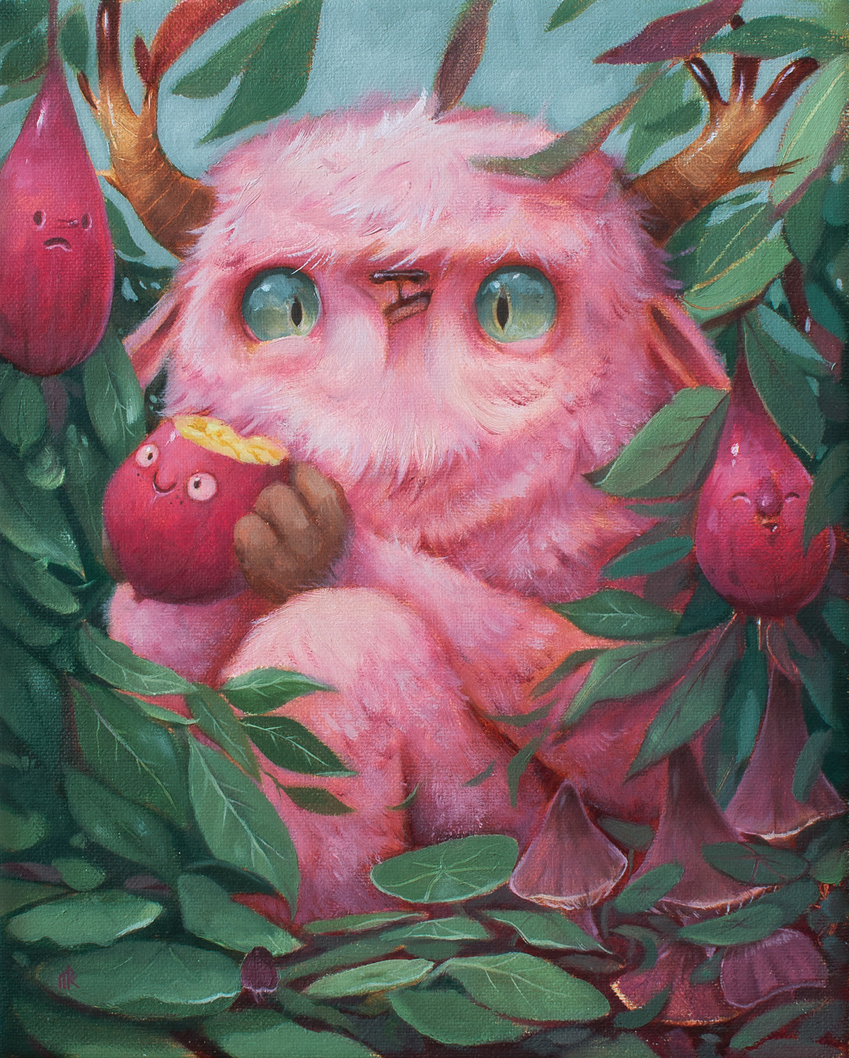pink fluffy creature forest Nature fantasy Oil Painting TRADITIONAL ART Character design  painting  