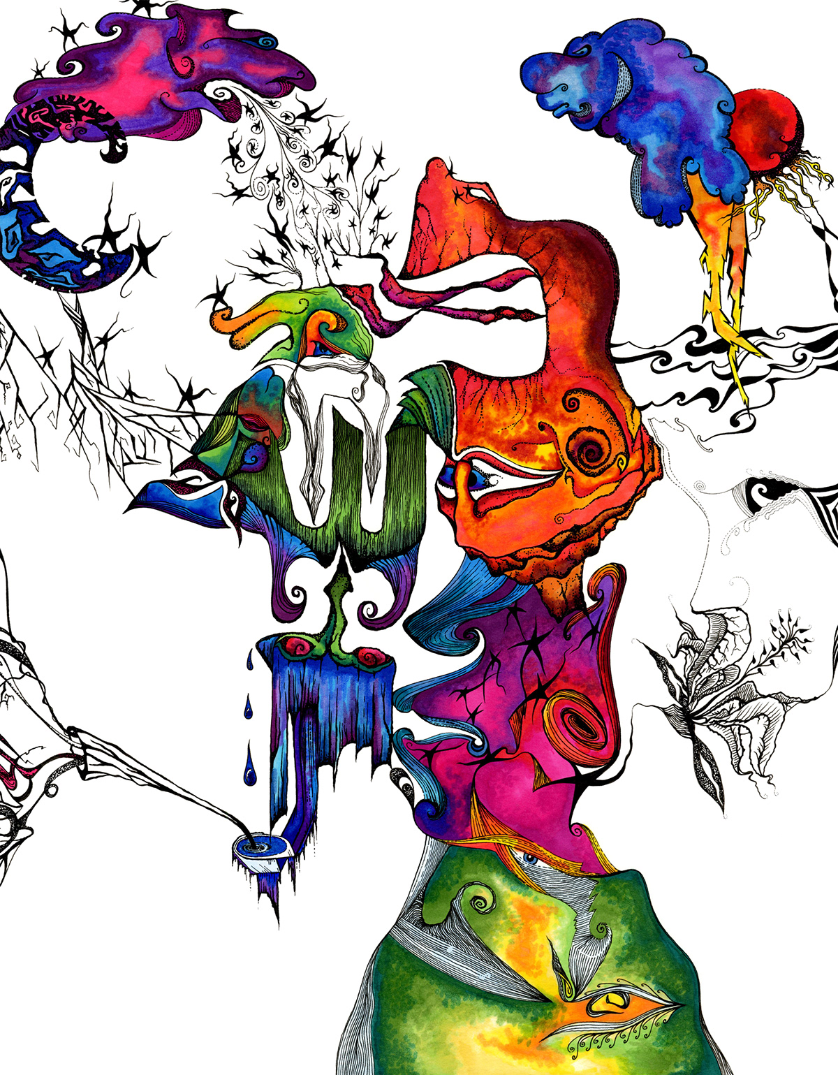 faces creative illusion surreal reversible vibrant color pattern design line shape ink Marker hidden images weird