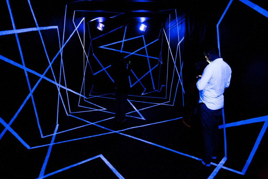 illusion Space  Experience blacklight stripes blue UV geometry light installation virtual Site-specific