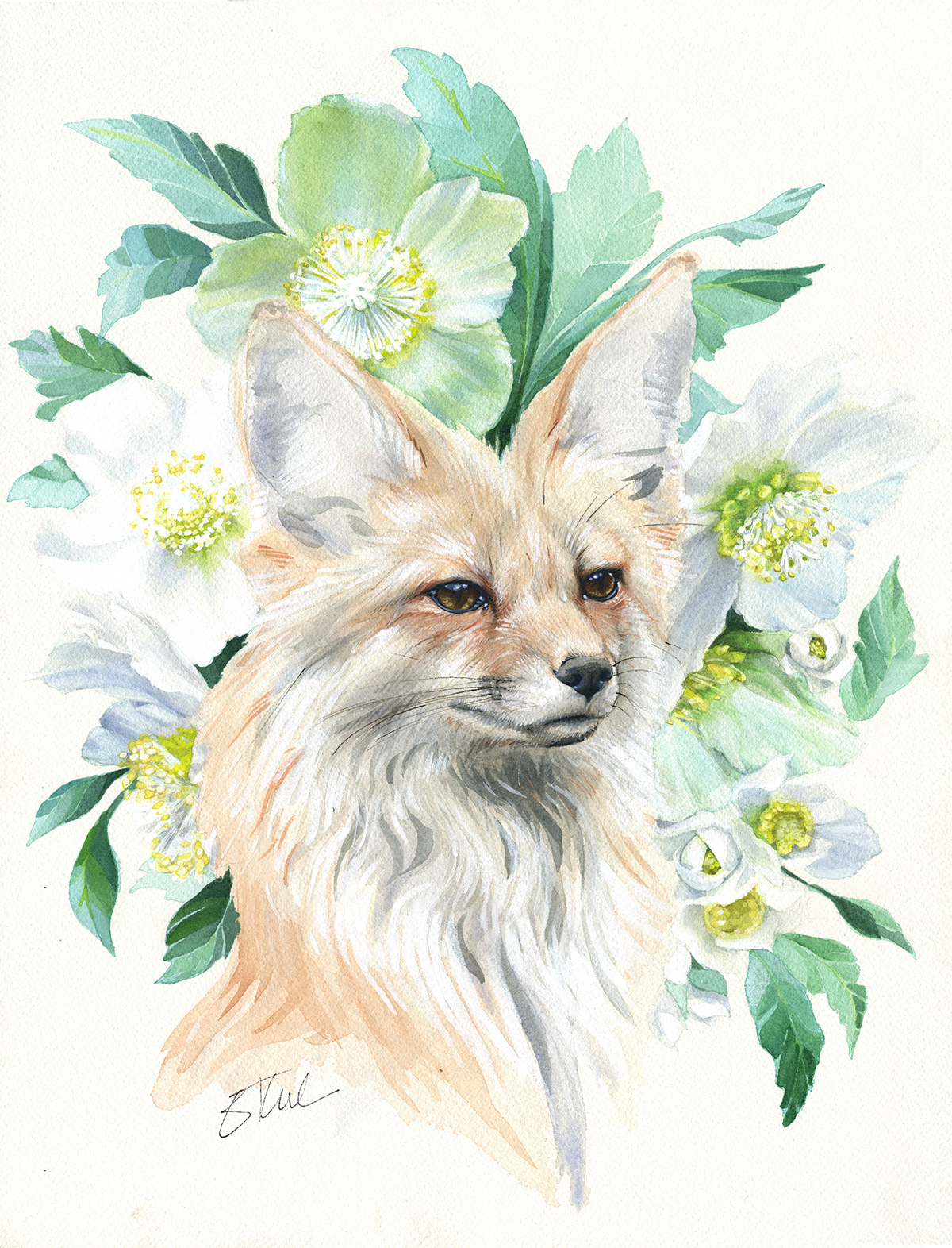 watercolor FOX floral portrait gouache green