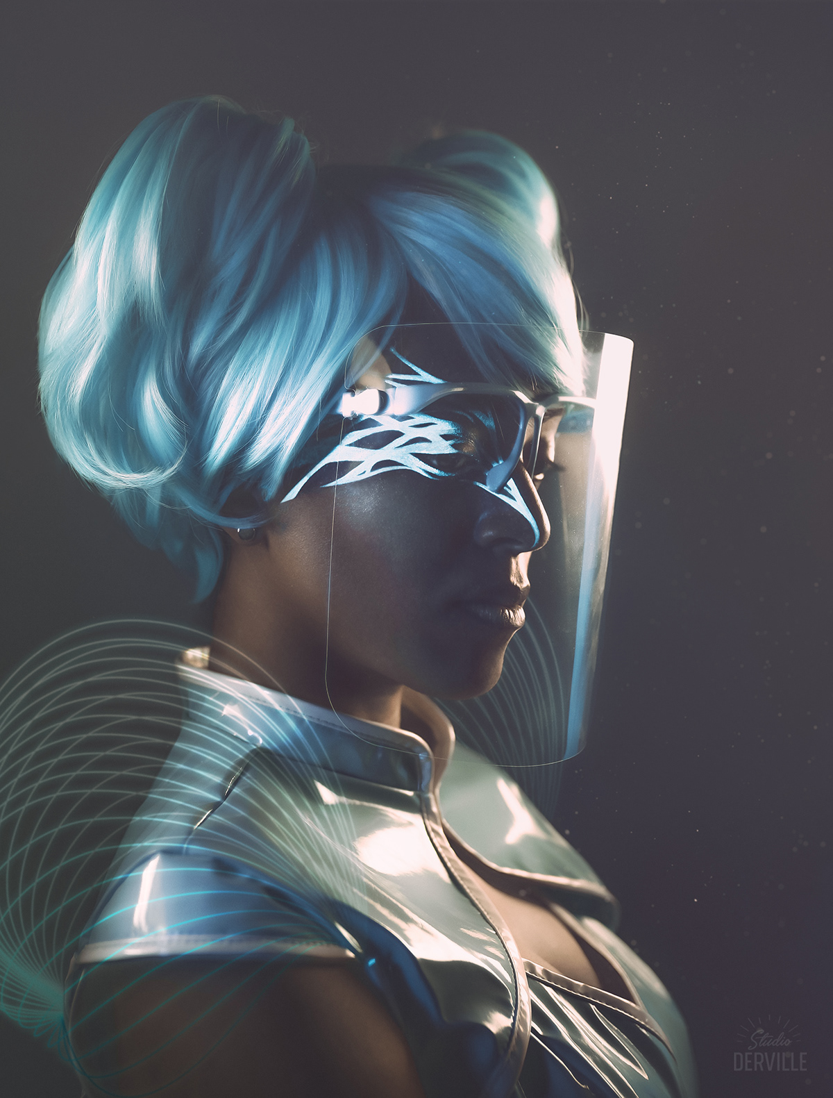 futuristic Scifi portrait blacklight costume Character Space  blue