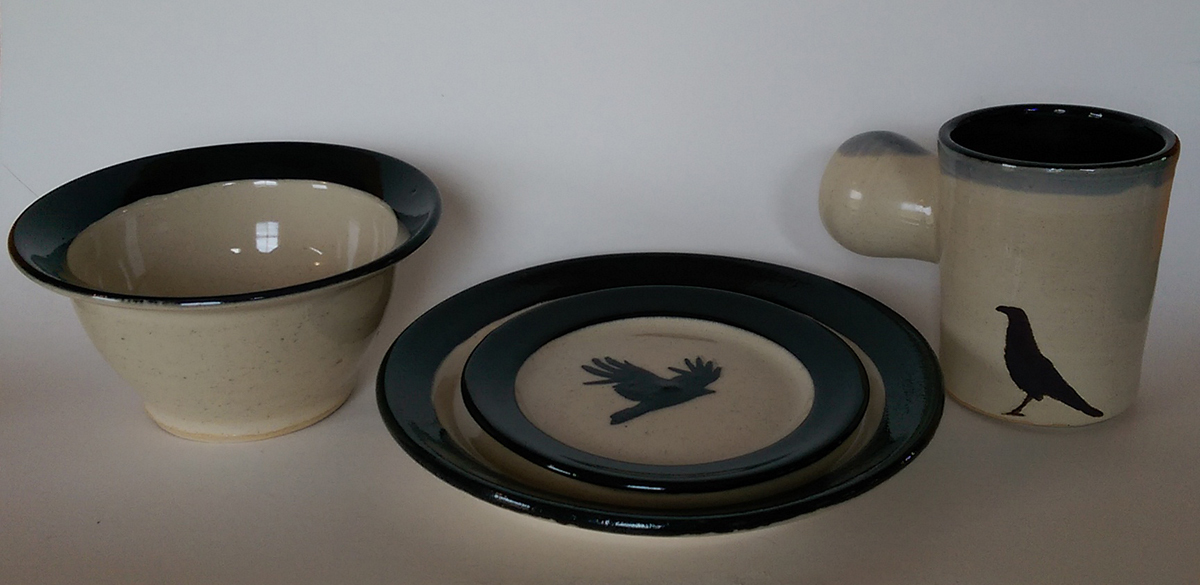 Pottery ceramics  corvids ravens Pipe Mug  plate cup bowl