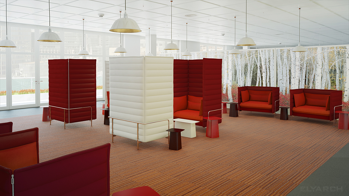 breakout area Office Alcove Ronan & Erwan Bouroullec Vitra red orange gold White birch forest carpet visualisation