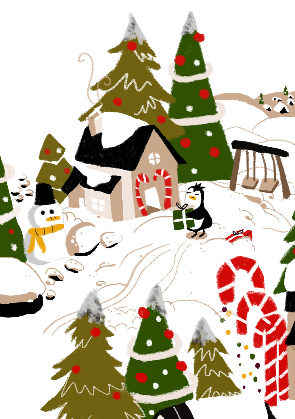 ILLUSTRATION  Pinguin santa Christmas draw greetingcard Presents card trees happy