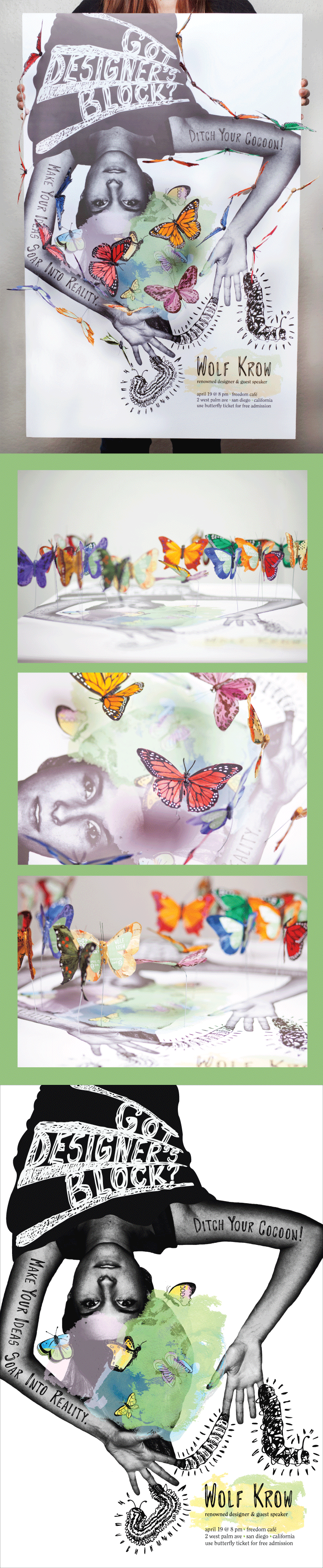 butterflies watercolor seminar poster 3D 3 Dimensional concept tickets color black and white handwritten typography handwritten