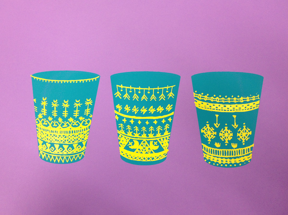 cups pattern henna Morocco Moroccan glasses tea screen print drawing fluid silk screen