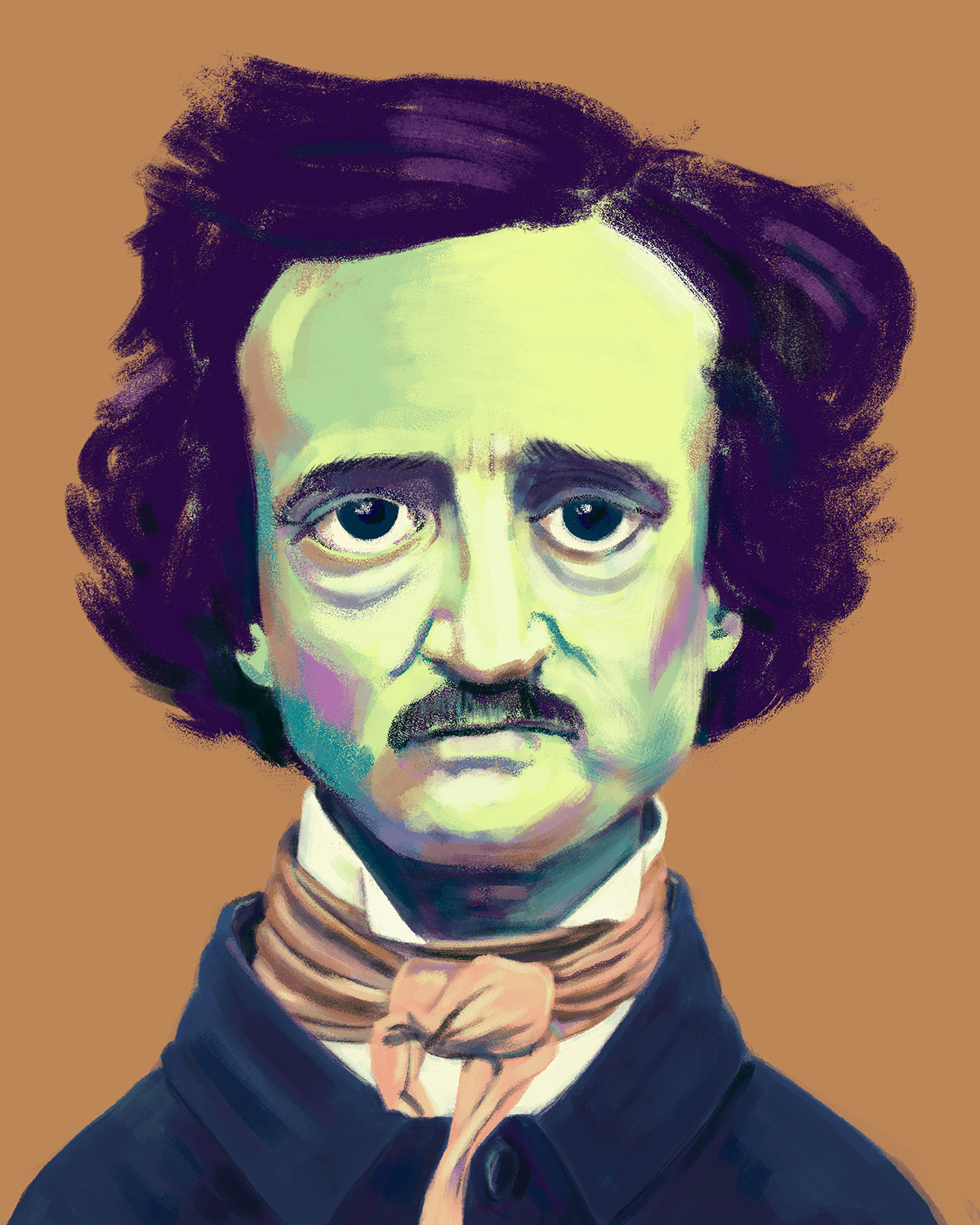 A colorful portrait of Edgar Allan Poe.