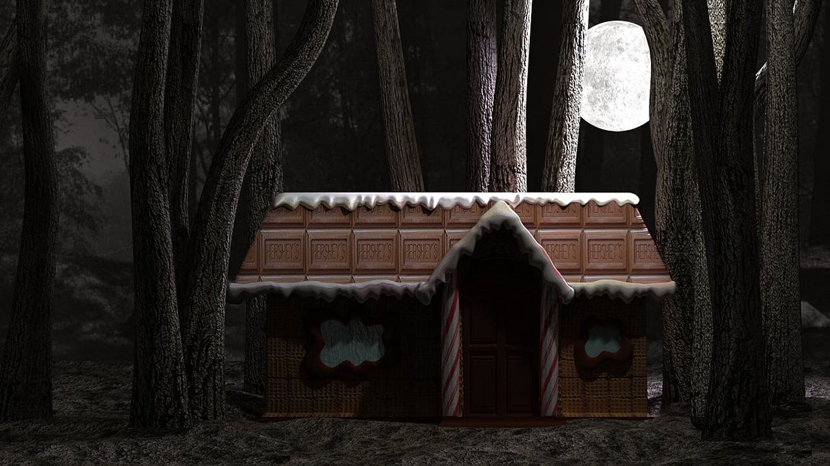 house Hansel gretel witch Candy 3d modeling 3d animation texturing lightning night Scary