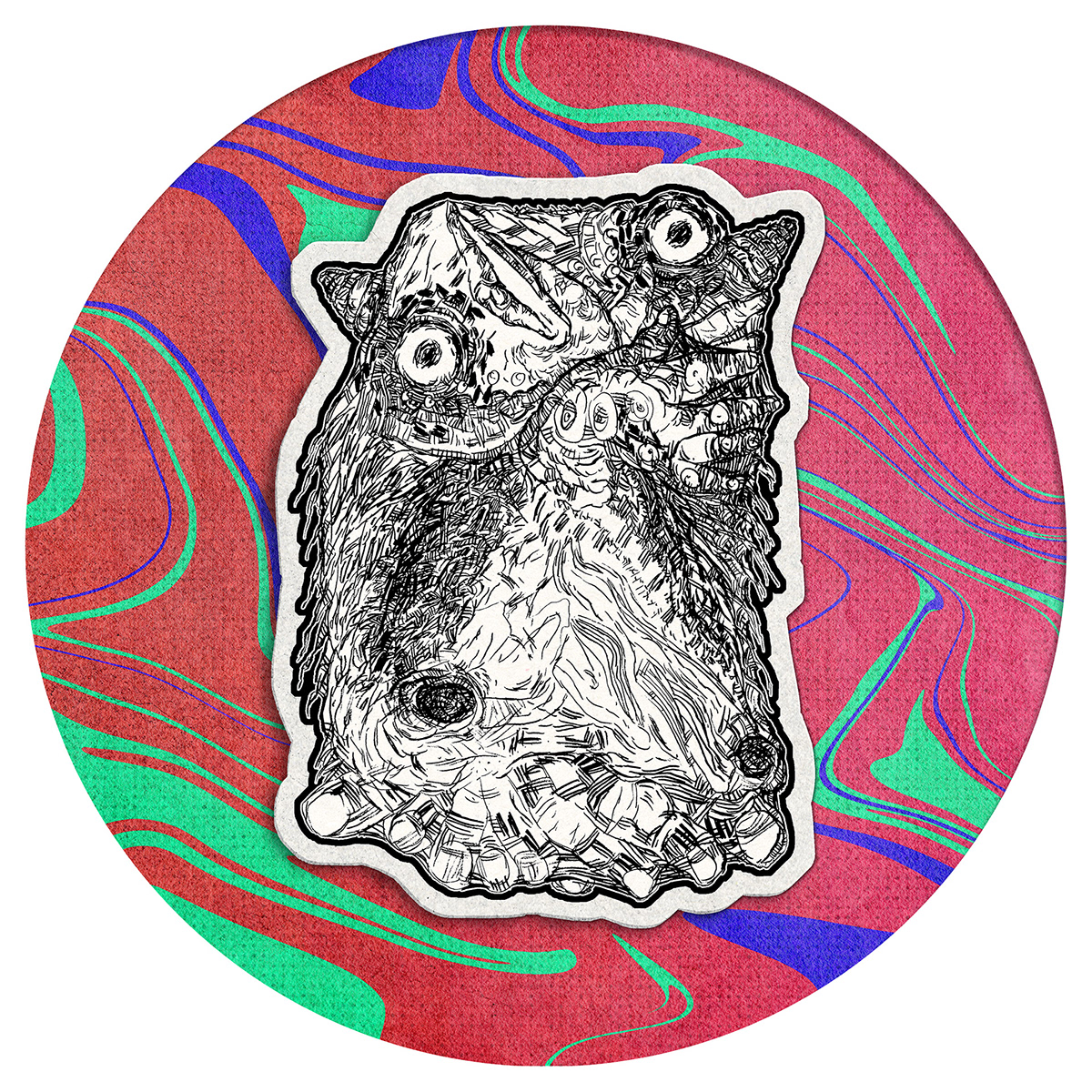 An odd demon character is drawn with intricate graphite lines placed on a psychedelic liquid circle.