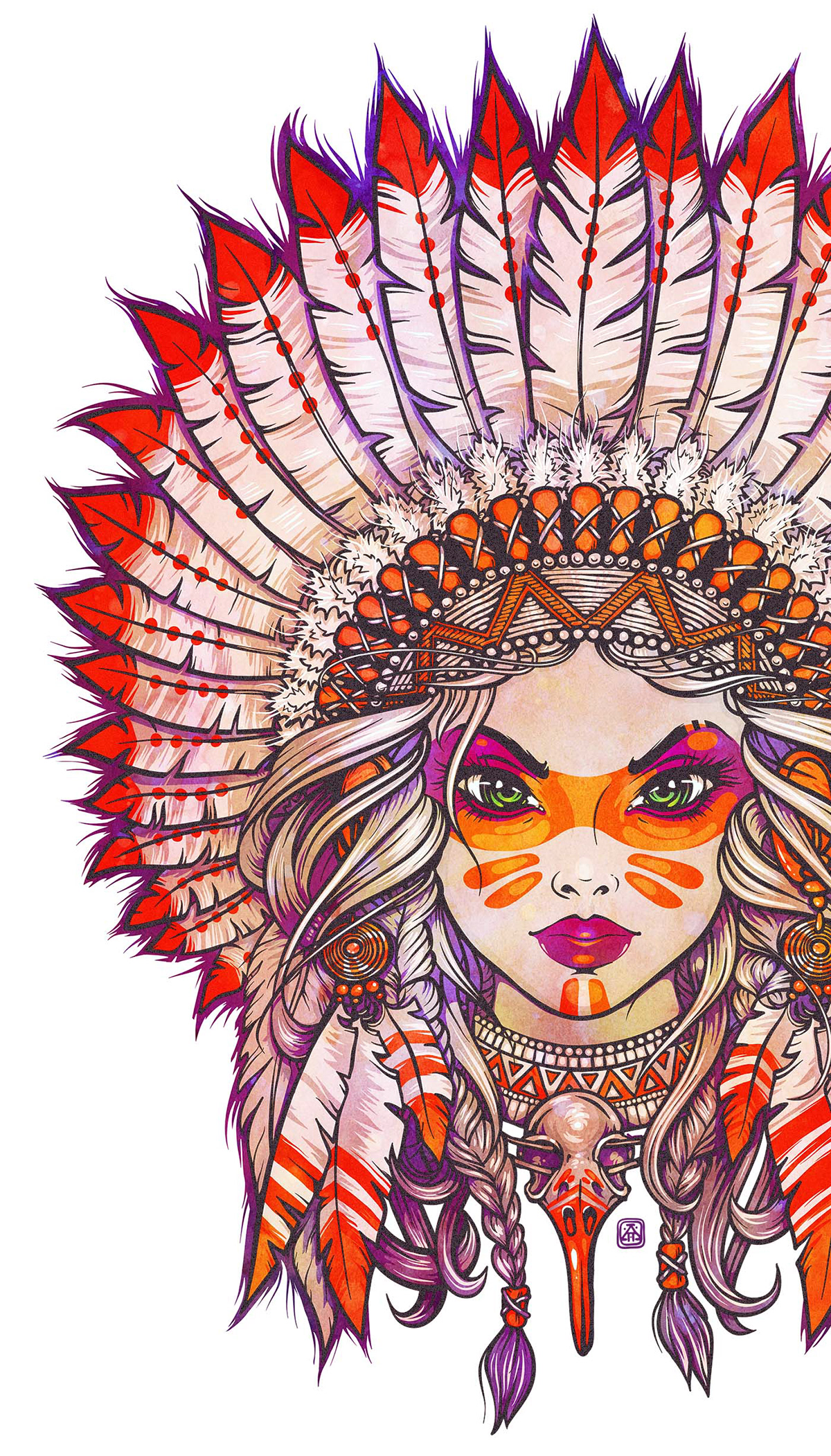 woman girl face Young head tattoo warrior hair indian lineart