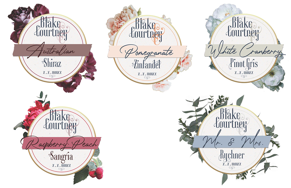 A series of circular wine labels, dressed in flowers and a ribbon and boasting elegant text.