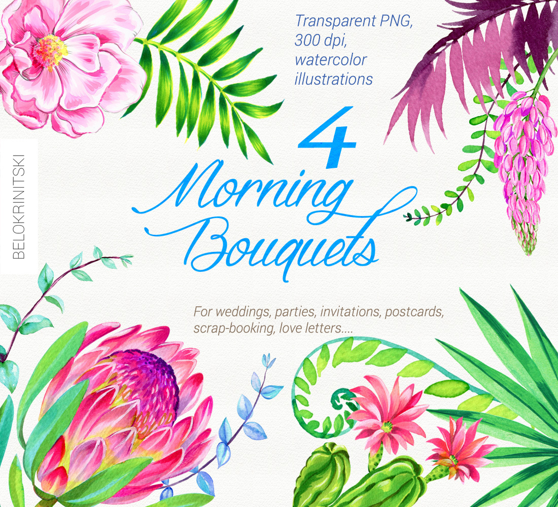 watercolor creativemarket sale design set Bouquet Tropical floral Flowers leaves exotic botanical textile Stationery print