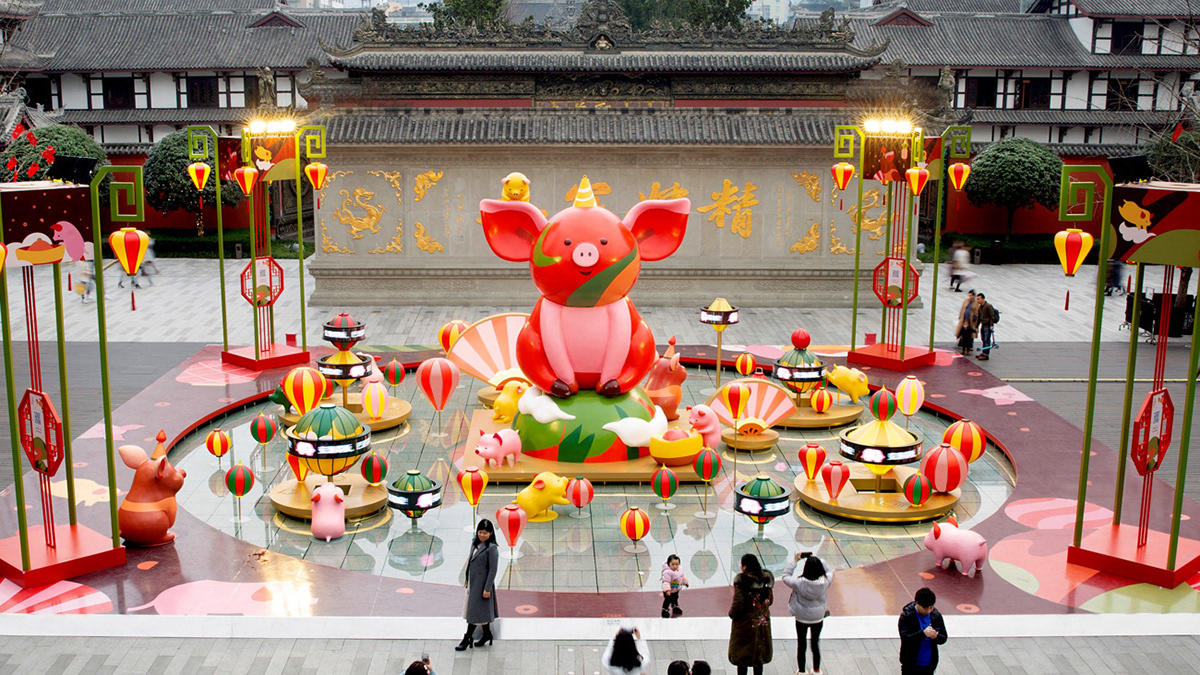 installation Vector Illustration year of pig chinese new year cny Outdoor installation 3D Characters pig lanterns china