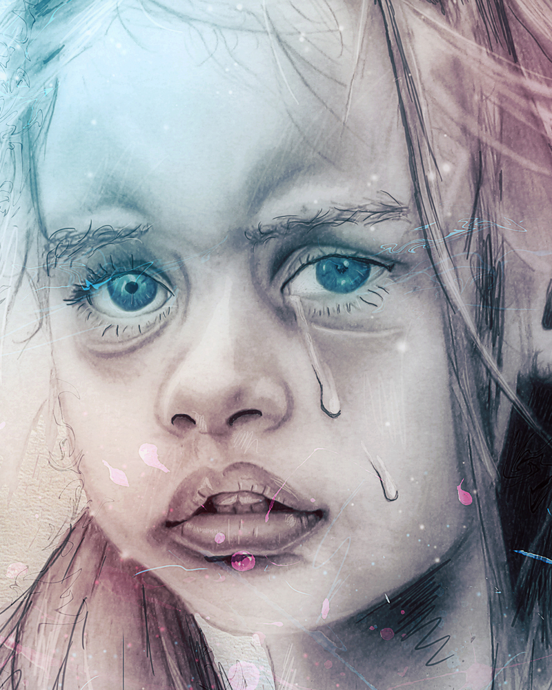 girl Cry crying tears pink blue pencil child slavery glow streaks sad
