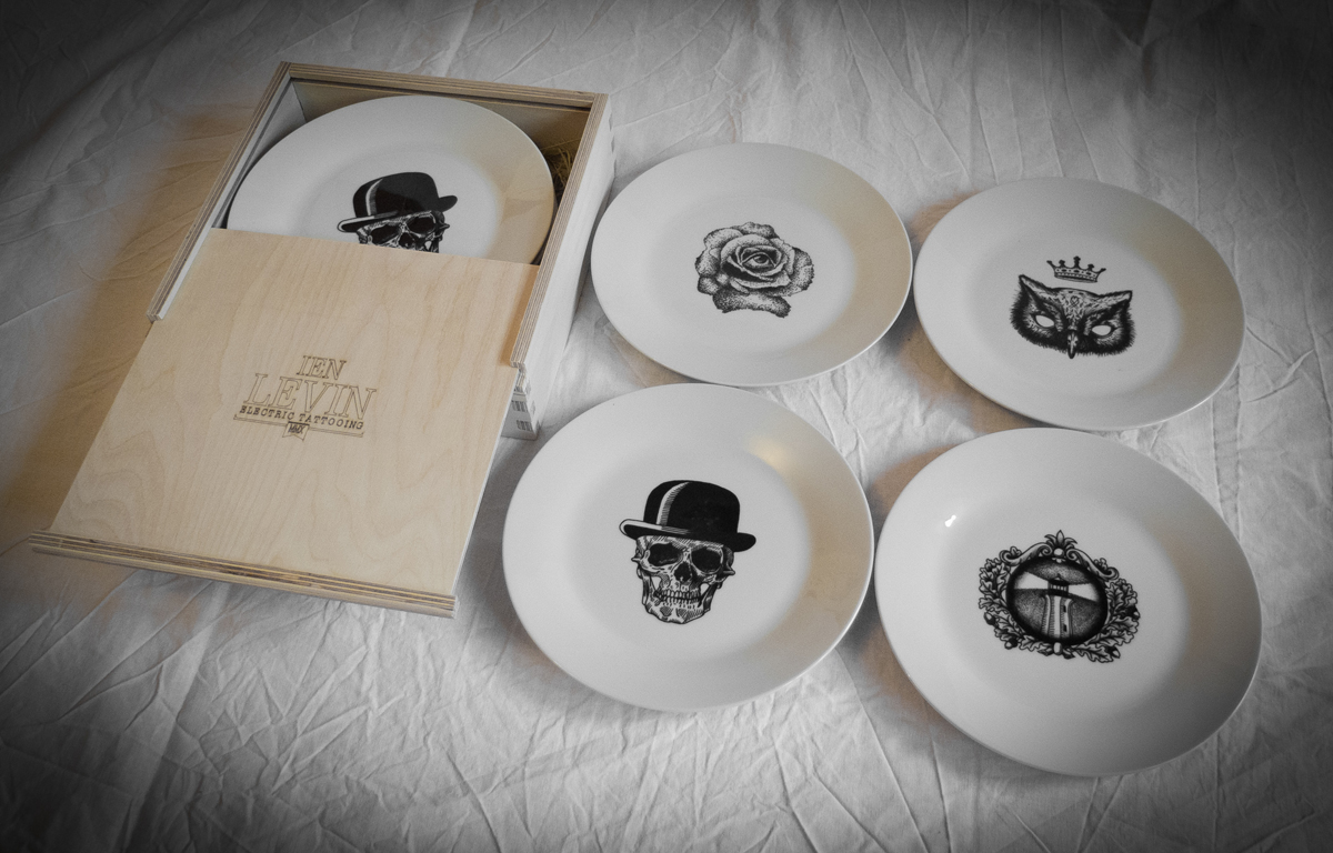 ienlevin dish plate designer goods package design  etching limited edition skull tattoo print rose engraving