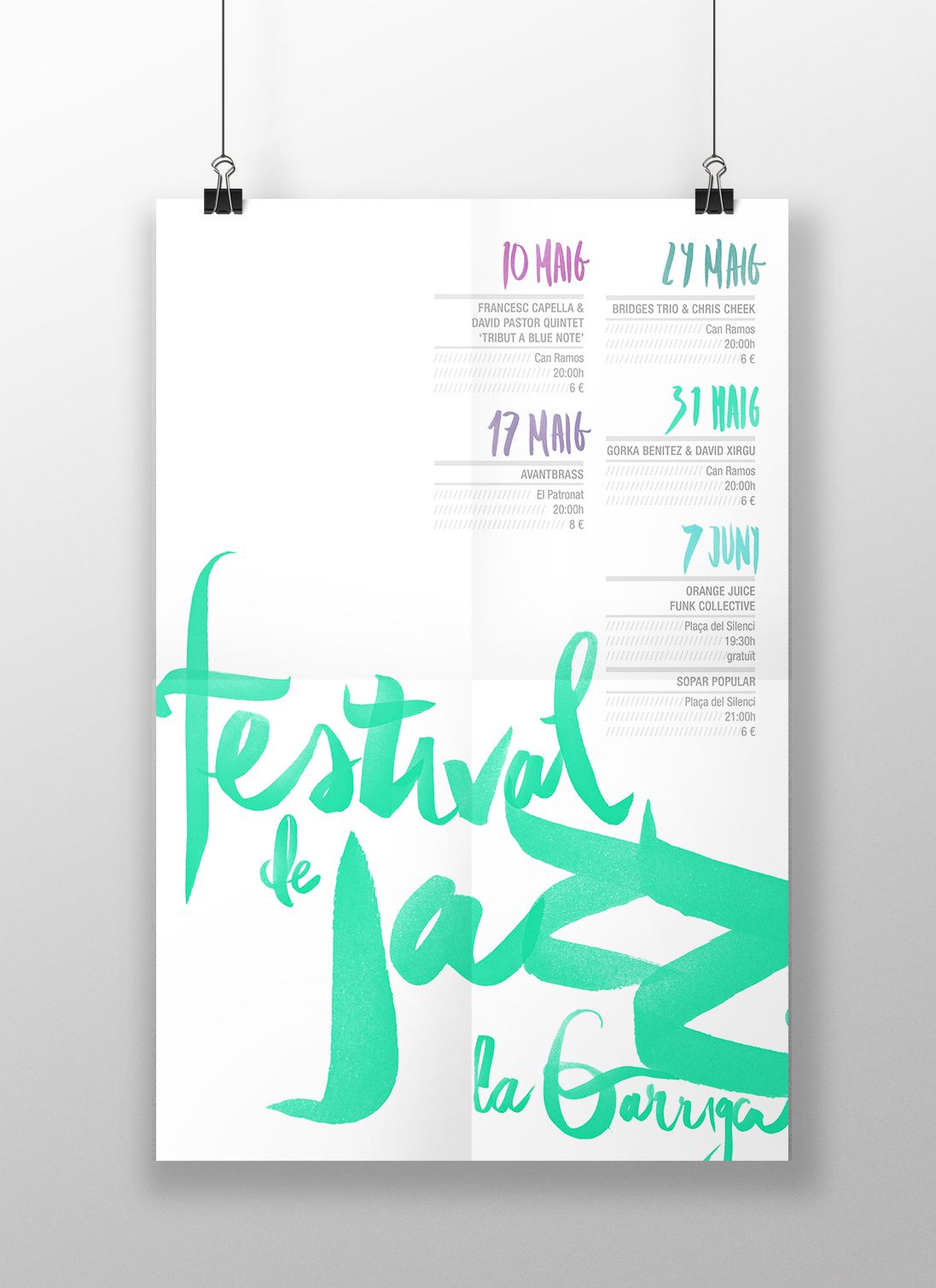 festival jazz lettering letter letters brushpen brush pen poster flyer brochure magenta cyan White black Double Bass