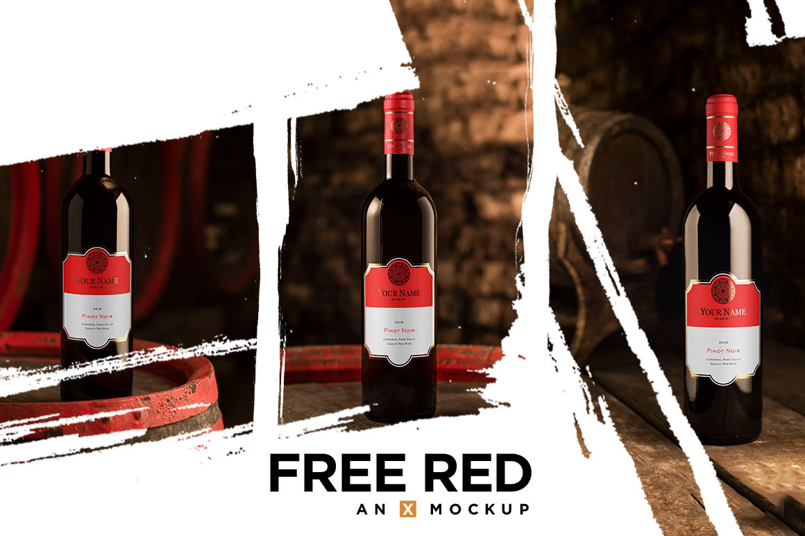 photo red wine Cellar Mockup free bottle Label realistic template