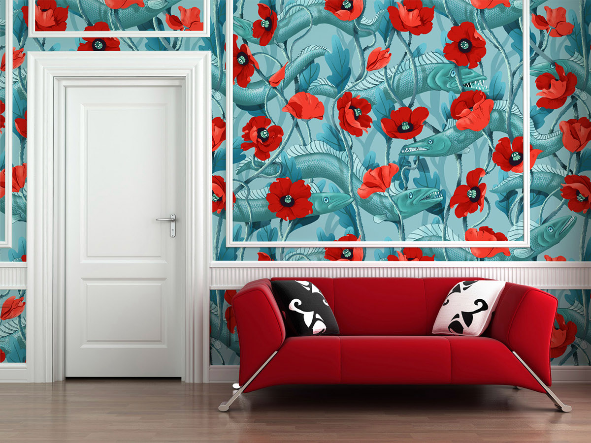 barracuda poppies floral Flowers seamless pattern wallpaper home decor wild floral