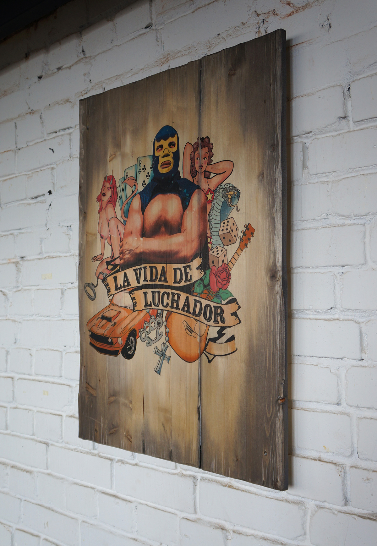 wood woodwork Aged wood acrylic hand made tranfer mixed media collage rock lucha libre craft decor vintage old school