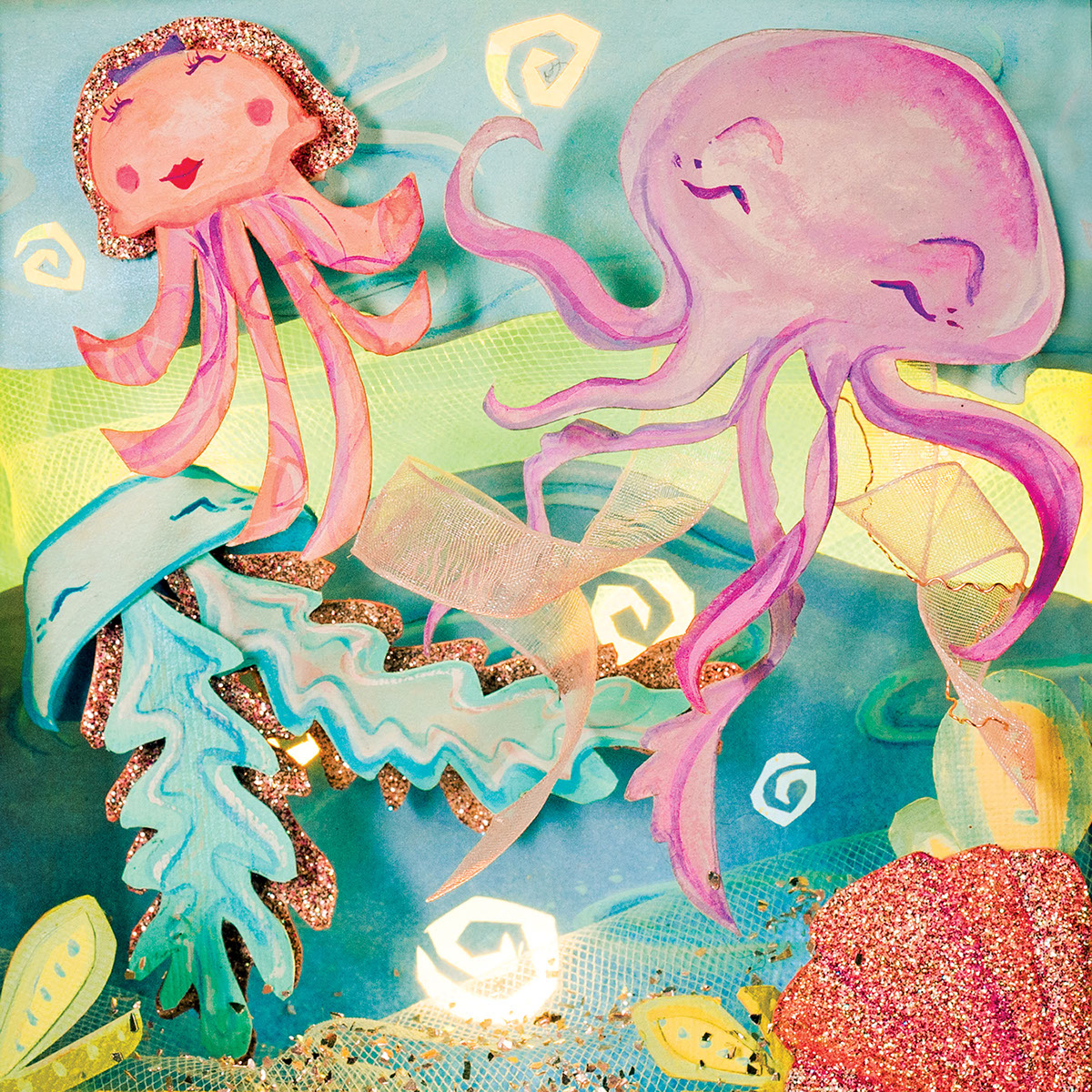 children's illustration  cut paper  mixed media shadow box underwater mermaid water Ocean sewing kansas university of kansas Student work animals HAND LETTERING