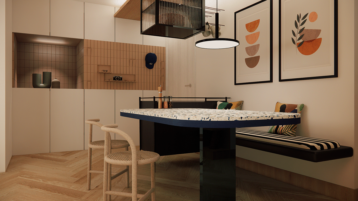 interior design  modern living room gym residential dining wooden furniture architecture 3d modeling design