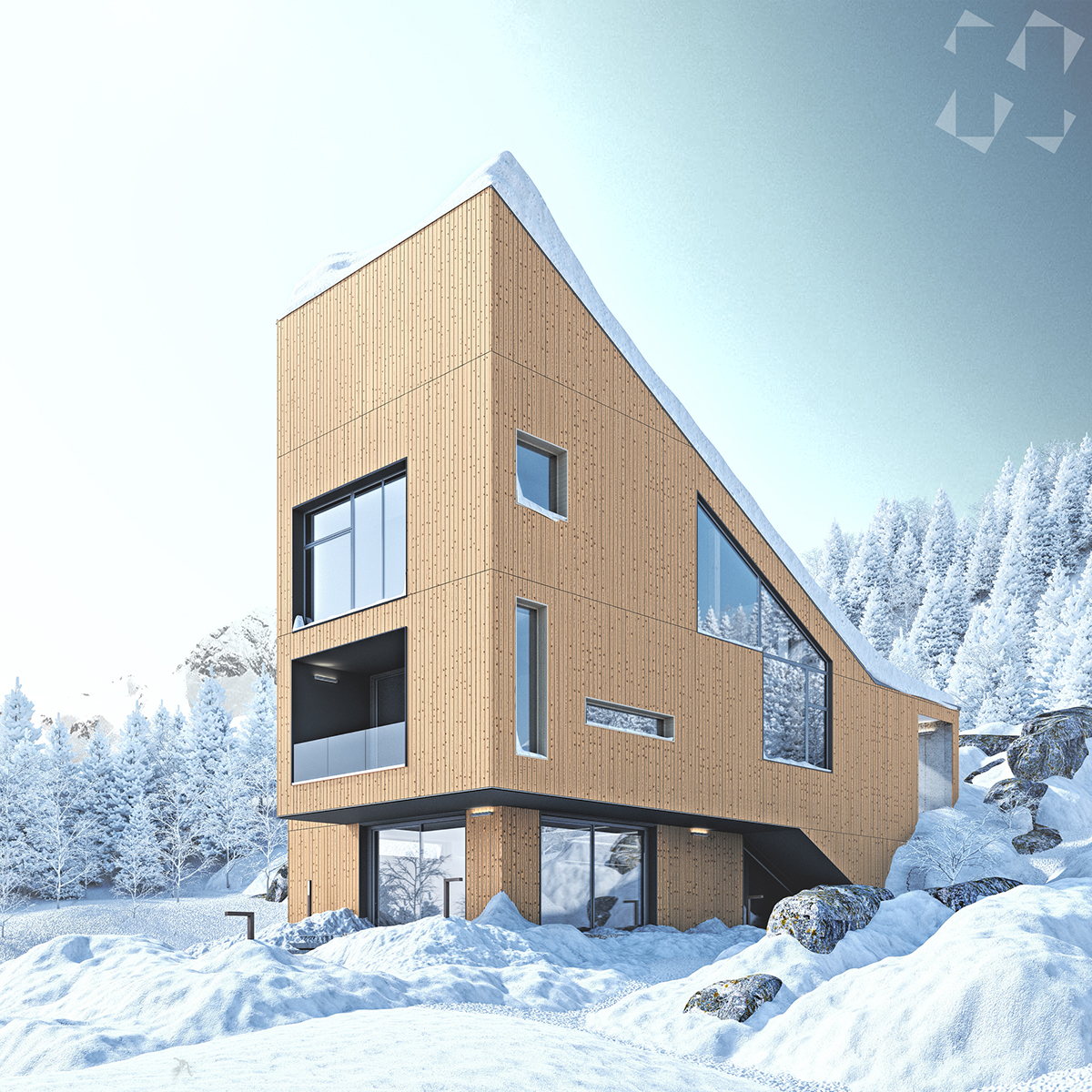 archviz exterior Render CG rendering postprocessing modelling 3D 3dsmax photoshop vray design wood cabin house
