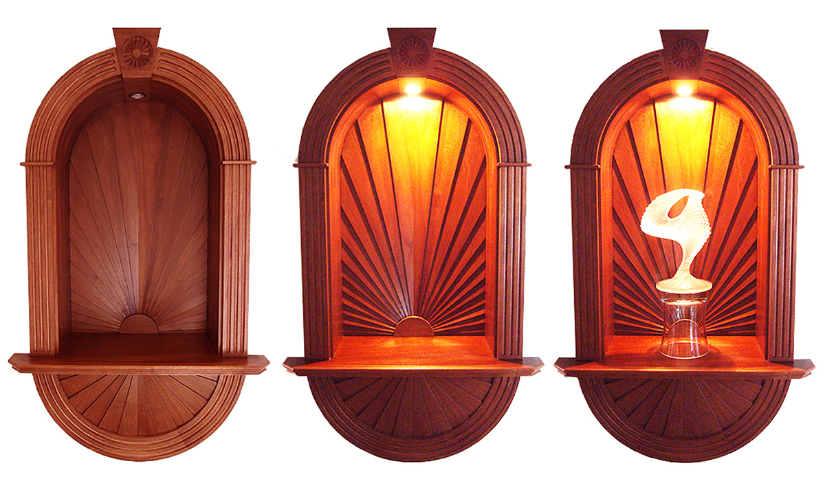 mahogany wall niche wall furniture wood sunburst illumination