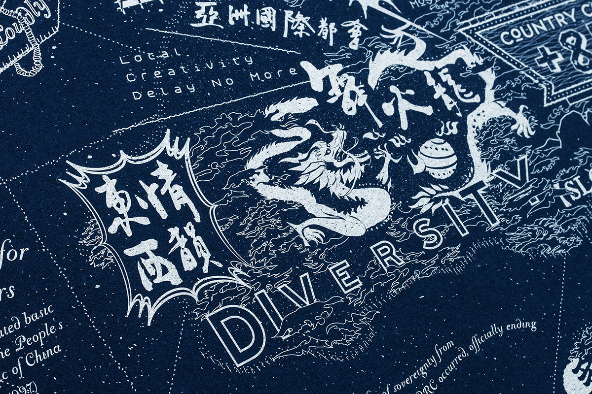 poster blue Hong Kong post card roar dragon Phoenix sign signboard shop sign cloud