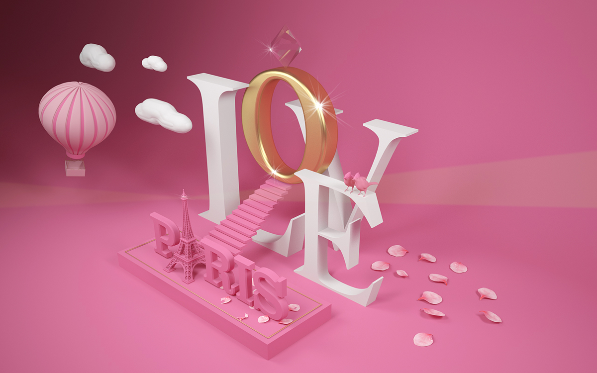 Paris Love 3D pink gold White cloud diamond  art concept personal project poster print