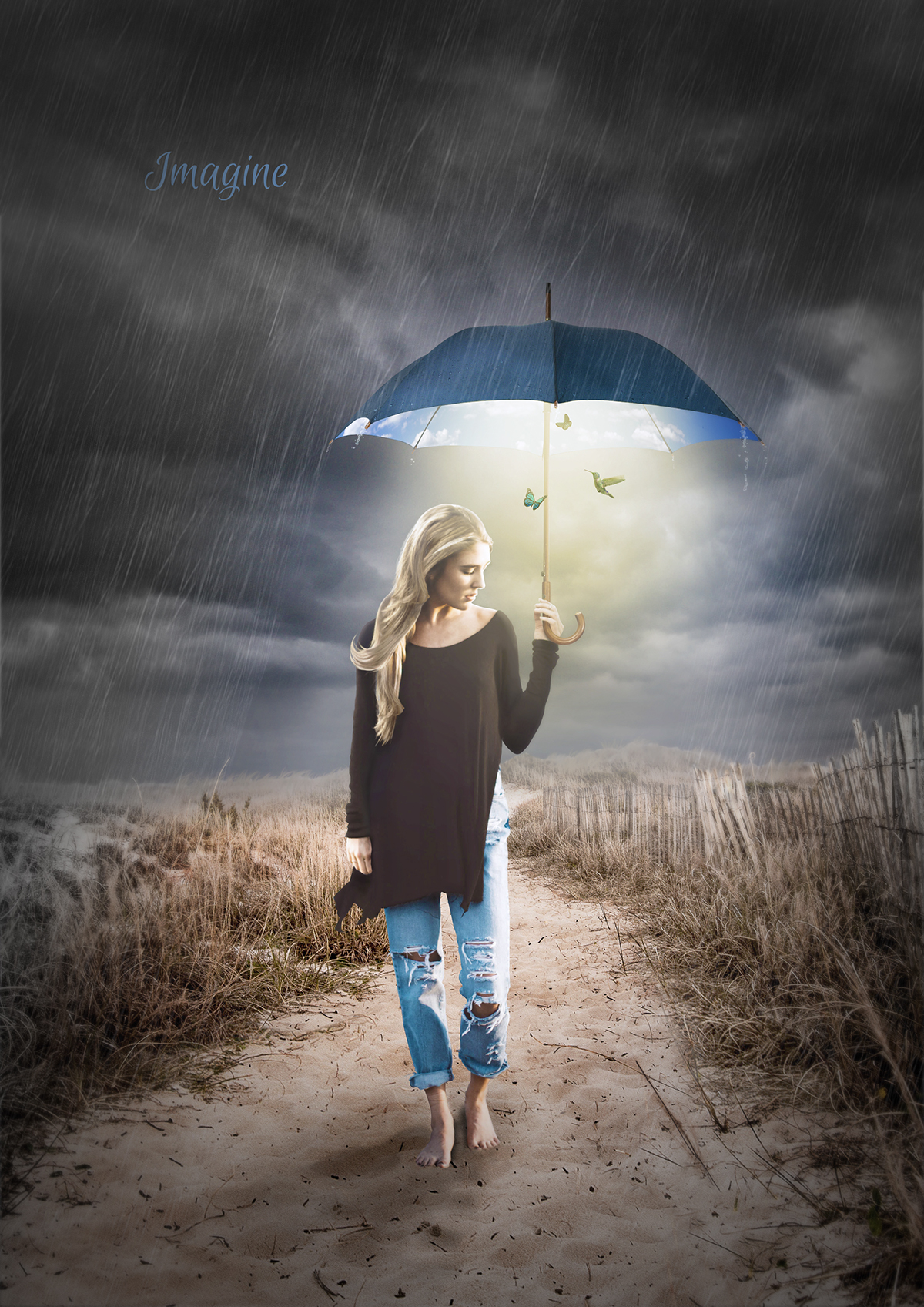 rain regen Umbrella regenschirm mood photoshop poster artwork girl woman beach sand butterfly schmetterling