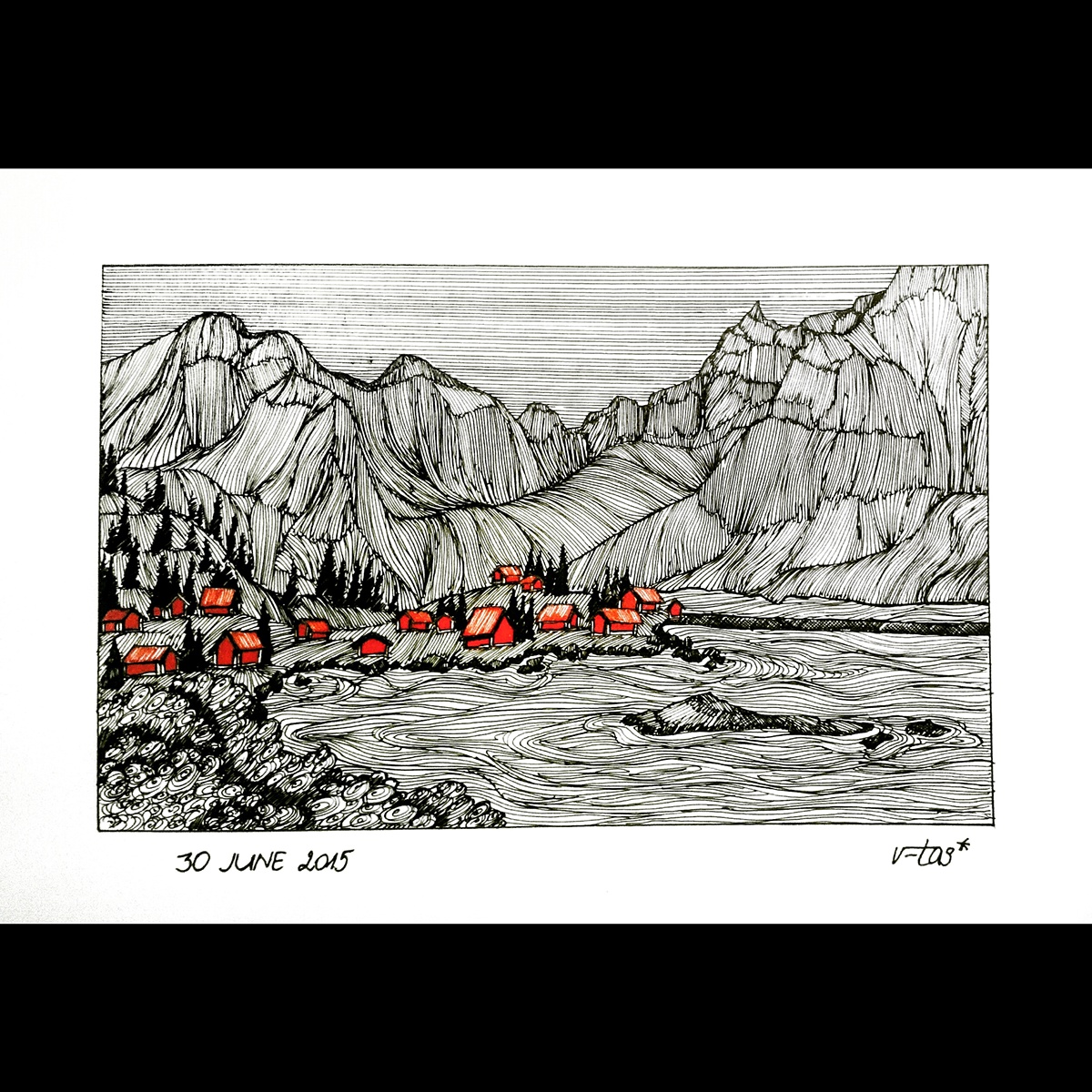 hatching fine lines lines graphics challenge drawing challenge a drawing a Day daily drawing free hand Nature people mountains creative Original