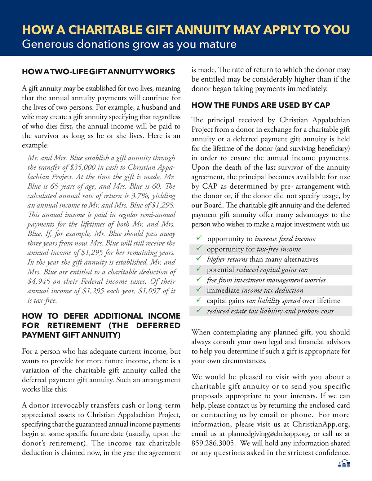 Fourth page of the first edition of the Planned Giving Newsletter for Christian Appalachian Project