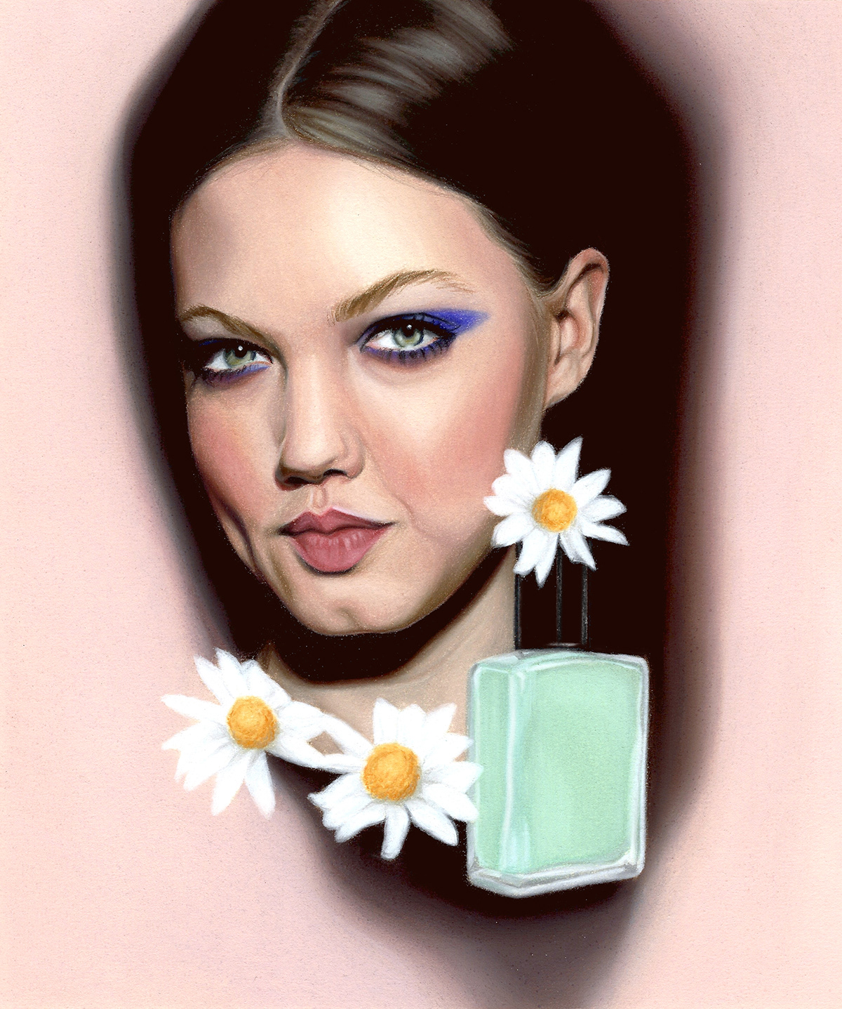 fashion illustration makeup model portrait Flowers daisies nail polish