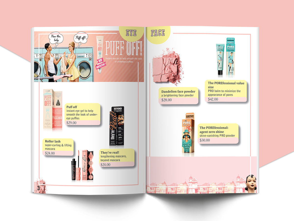 beauty Catalogue benefit san francisco Design Catalogue makeup products Pastels pink Layout
